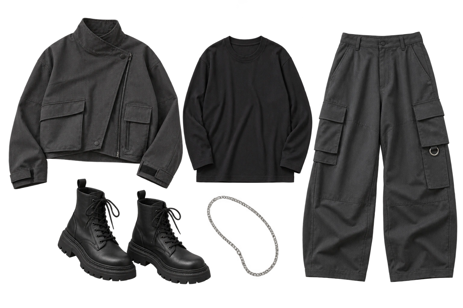 Charcoal asymmetrical utility jacket, dark base layer, wide graphite cargo trousers, chunky black boots and a fine silver chain.