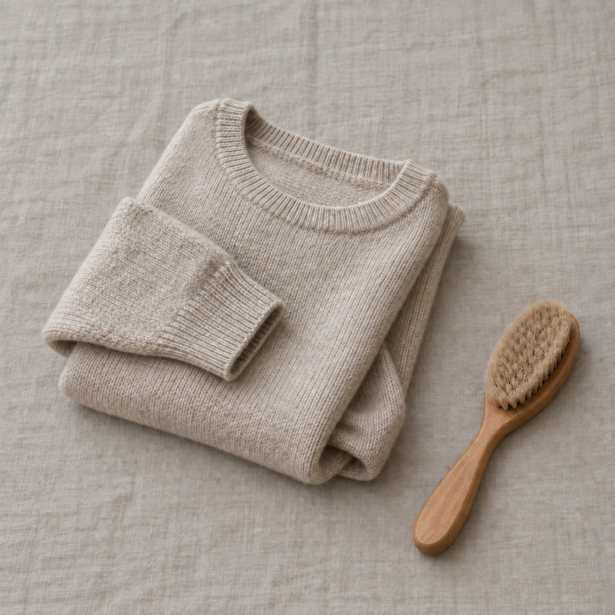A softly folded oatmeal knit beside a simple wooden garment brush.