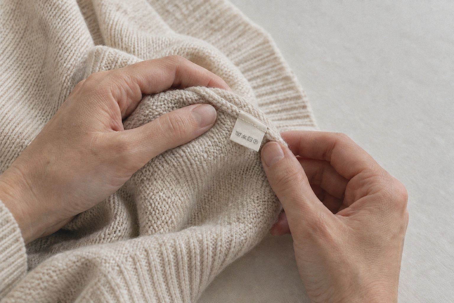 Hands gently turning the inside seam of an ecru knit to look at its original fabric label.